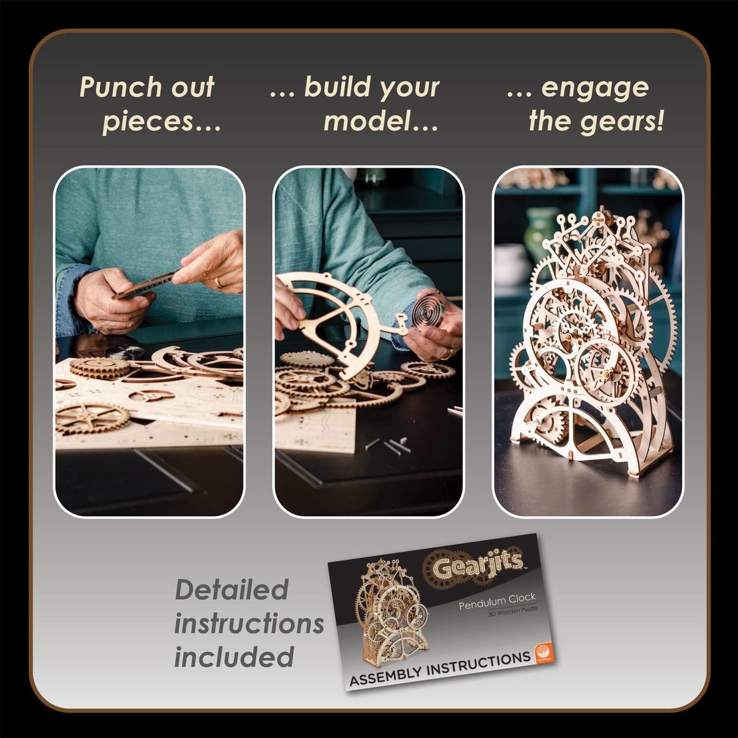 MindWare Gearjits Clock – 3D Wooden Mechanical Model Kit for Teens and Adults, Build Your Own Working Clock witj Moving Gears