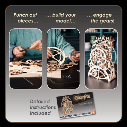 MindWare Gearjits Clock – 3D Wooden Mechanical Model Kit for Teens and Adults, Build Your Own Working Clock witj Moving Gears