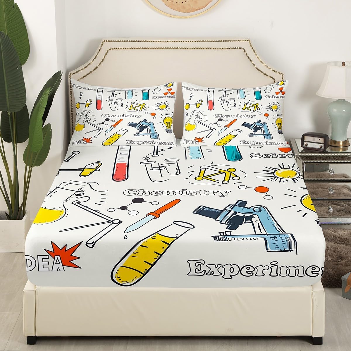 Erosebridal Chemistry Lab Fitted Sheet Twin Size Chemical Equation Bed Sheets for Boys Girls Chemical Elements Science Theme Bed Set Teens Kids Science Students Bedding Set School Dorm Room Decor