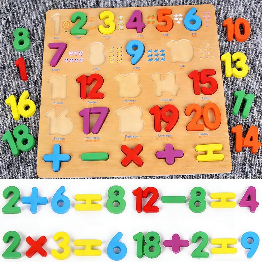 Wooden Number Puzzle for Young Children, 1-20 Digit Operation Symbol Puzzle, Suitable for Number Learning and Educational Toys for Preschool Children Aged 3-5 Years Old