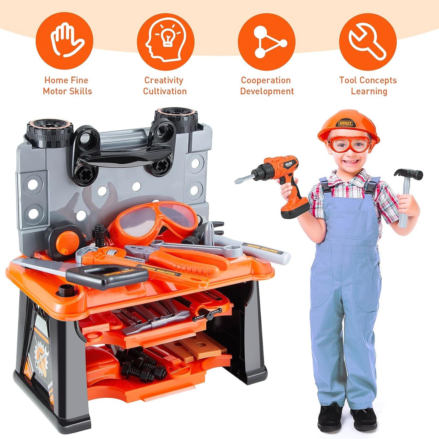 Kids Tool Set – Zealous 48 pcs Toddler Tool Set with Tool Box & Electronic Toy Drill, Pretend Play Kids Toys, Toy Construction Tools for Kids Ages 3,4,5,6,7,8 Years Old (A-Orange)