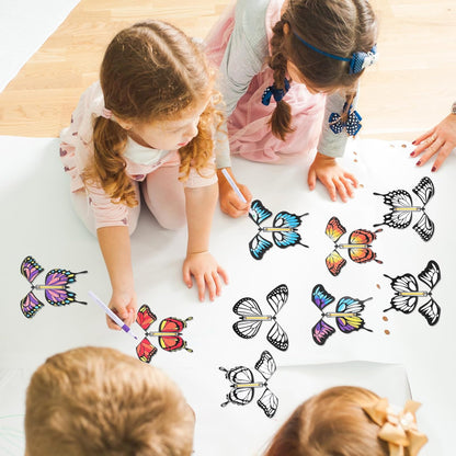 Seenelling 44 Pcs Flying Butterfly Craft Kit with 32 Wind up Butterflies and 12 Color Pens People Painting White Paper Butterflies DIY Toy for Party Game School Activity Birthday Gift (Style 3)