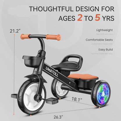 Umatoll Tricycle for Toddlers 2-5 Year Old, Ajustable Toddler Bike Outdoor Toys, Birthday Gift for Girl Age 2-4, Trike with Light up Wheels