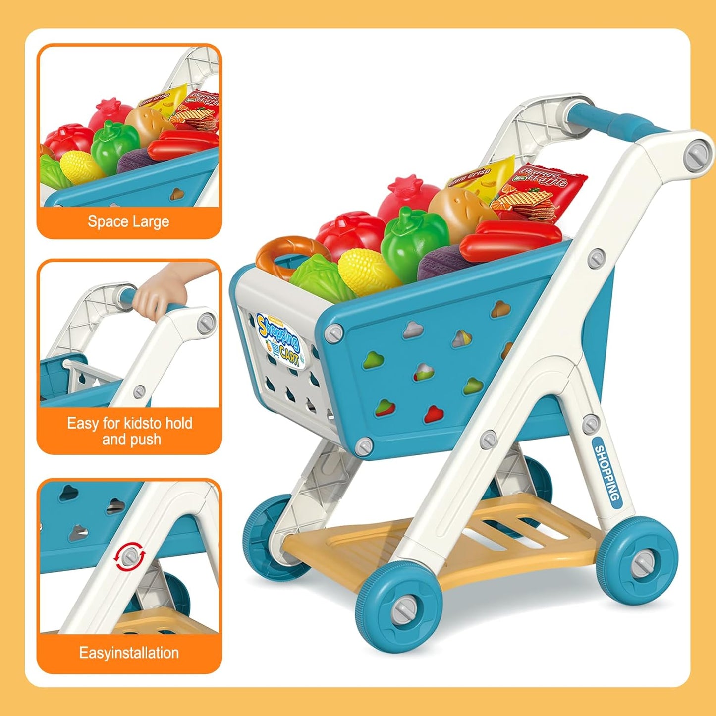 Yalujumb Kids Shopping Cart Trolley Play Set and Pretend Play Calculator Cash Register Toy with Pretend Food and Accessories,Perfect for Ages 3+ Pretend Play and Role-Playing Games