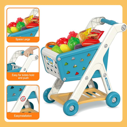 Yalujumb Kids Shopping Cart Trolley Play Set and Pretend Play Calculator Cash Register Toy with Pretend Food and Accessories,Perfect for Ages 3+ Pretend Play and Role-Playing Games