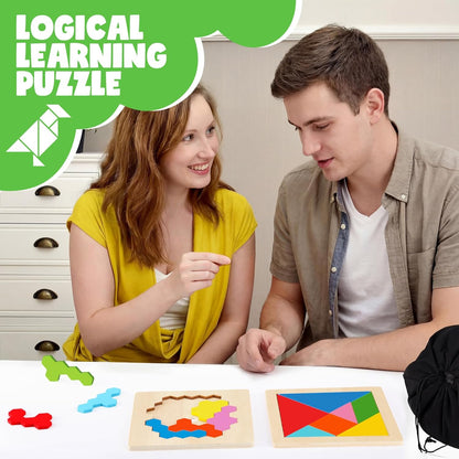 Yunsailing 3 Pack Large Hexagon Tangram Puzzle Wooden Brain Puzzles for Adult Challenge Wood Russian Blocks Brain Teasers Geometric Jigsaw Block Logic Iq Stem Family Graduation Gifts(Vintage)