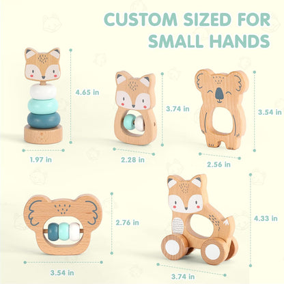 FReniland Wooden Montessori Baby Toys Set, 5-Piece Newborn Gift Set with Koala Rattle, Fox Stacking Rings & Push-Pull Toy for Boys and Girls