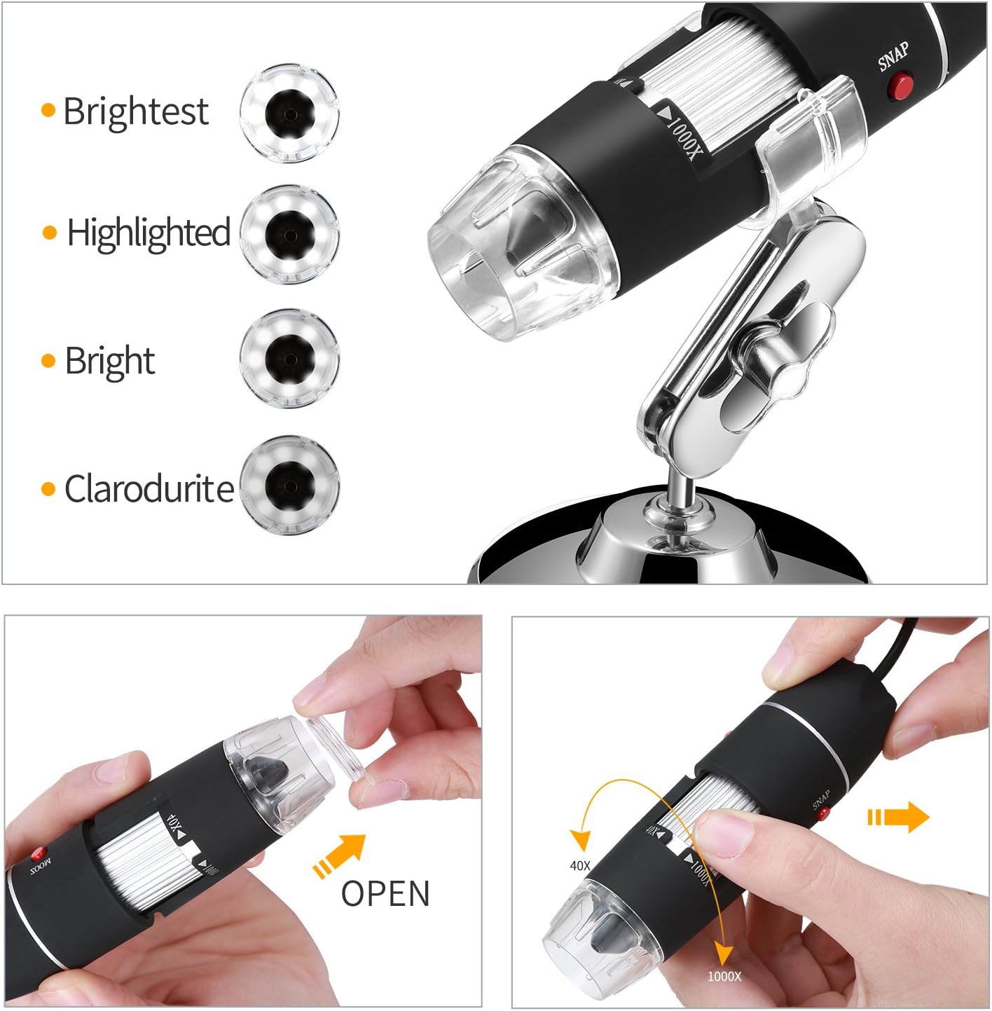 Jiusion Original 40-1000X USB Microscope with Portable Carrying Case, Digital Magnification Endoscope Camera 8 LEDs Metal Base for Android Phone and Tablet, Windows Mac Linux Chrome