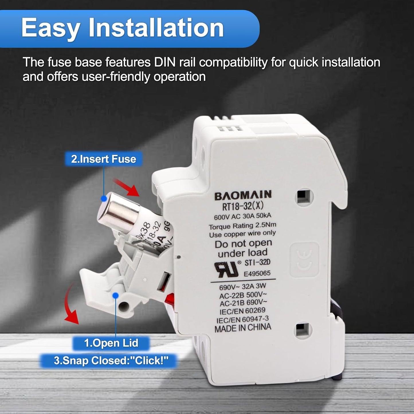 Baomain RT18-32 Fuse Holder Base with 10x20A Ceramic Fuses (10x38mm) – 2 Pole DIN Rail Mount, LED Indicator, CE Certified (20 Amp)