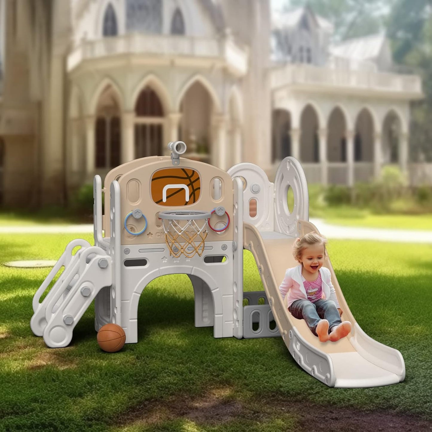 YUFU 9 in 1 Toddler Slide Set, Kids Slide for Toddlers Age 1-3, Toddler Playset with Climber and Basketball Hoop, Kids Indoor Outdoor Playground (Beige+Coffee)