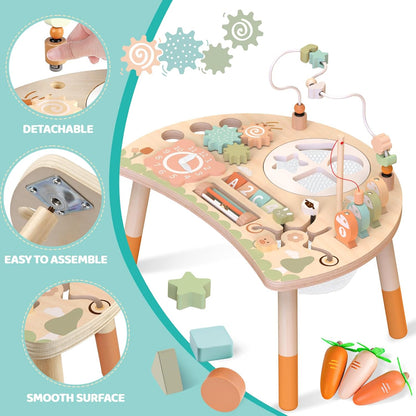 Wooden Activity Table for Toddlers 1-3, 9 in 1 Montessori Sensory Table with Bead Maze Shape Sorter Fishing Game, Baby Activity Center Learning Toys for 1 2 3 Year Old Boys Girls