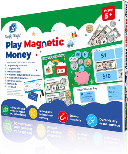 Simply magic 70 PCS Magnetic Money for Classroom - Play Money for Teaching, Money Manipulatives & Activities, Pretend Play Money for Kids, Money Magnets, Learning Coins, Bills - Toddler Money Games