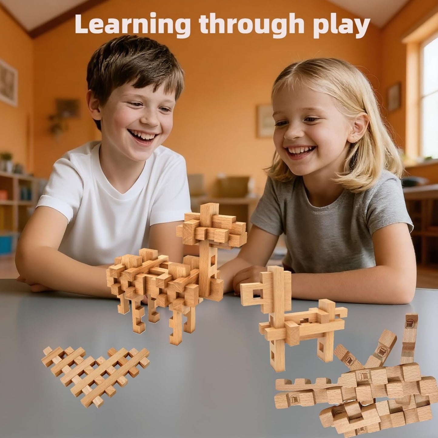 15 in 1 STEM Wooden Building Blocks -15+ Shapes, 3D Puzzle, Logic Brain Games, Educational Toys Gift for Kids and Classroom, Montessori STEM Toys for Ages 5+ to Adults