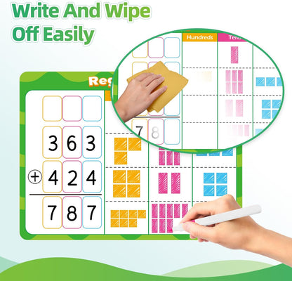 12 PCS Place Value Chart Dry Erase Flash Cards, Addition and Subtraction Learning Math Games for Kids, Base Ten Board Math Manipulatives 1st 2nd 3rd Grade Teacher Classroom Must Haves