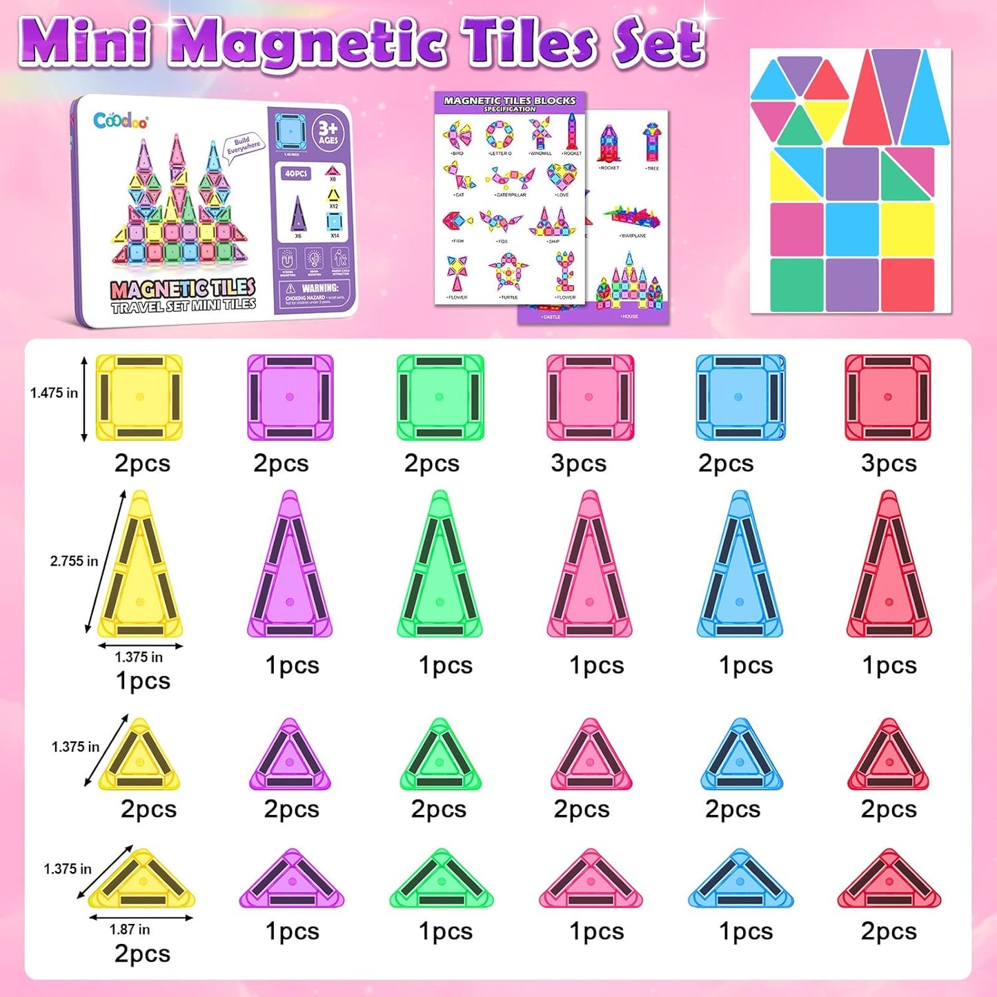 Magnetic Tiles Mini Travel Toys Set for Kids, Magnetic Blocks Building Toy Preschool Classroom Must Haves, Montessori Sensory Outdoor Kids Toys for Toddlers 3+ Year Old Girls Boys Travel Essential