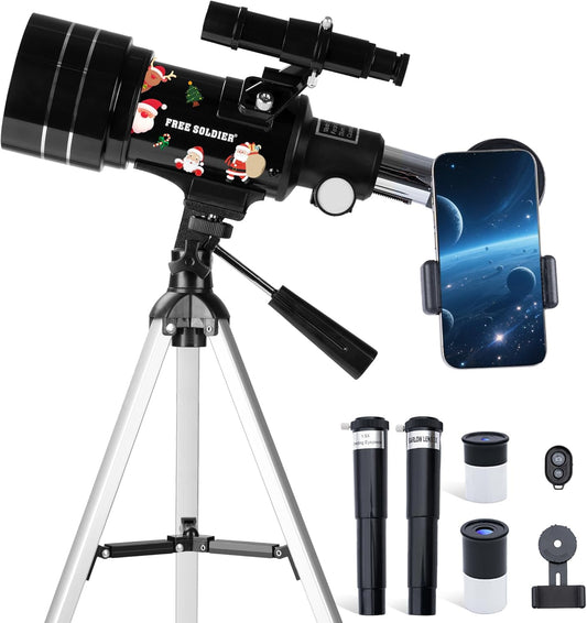 FREE SOLDIER Telescope for Kids 70mm Aperture Astronomical Refractor Telescopes for Beginners (15X-150X) 300mm Telescope for Adults High Powered with A Phone Adapter & A Wireless Remote (White)
