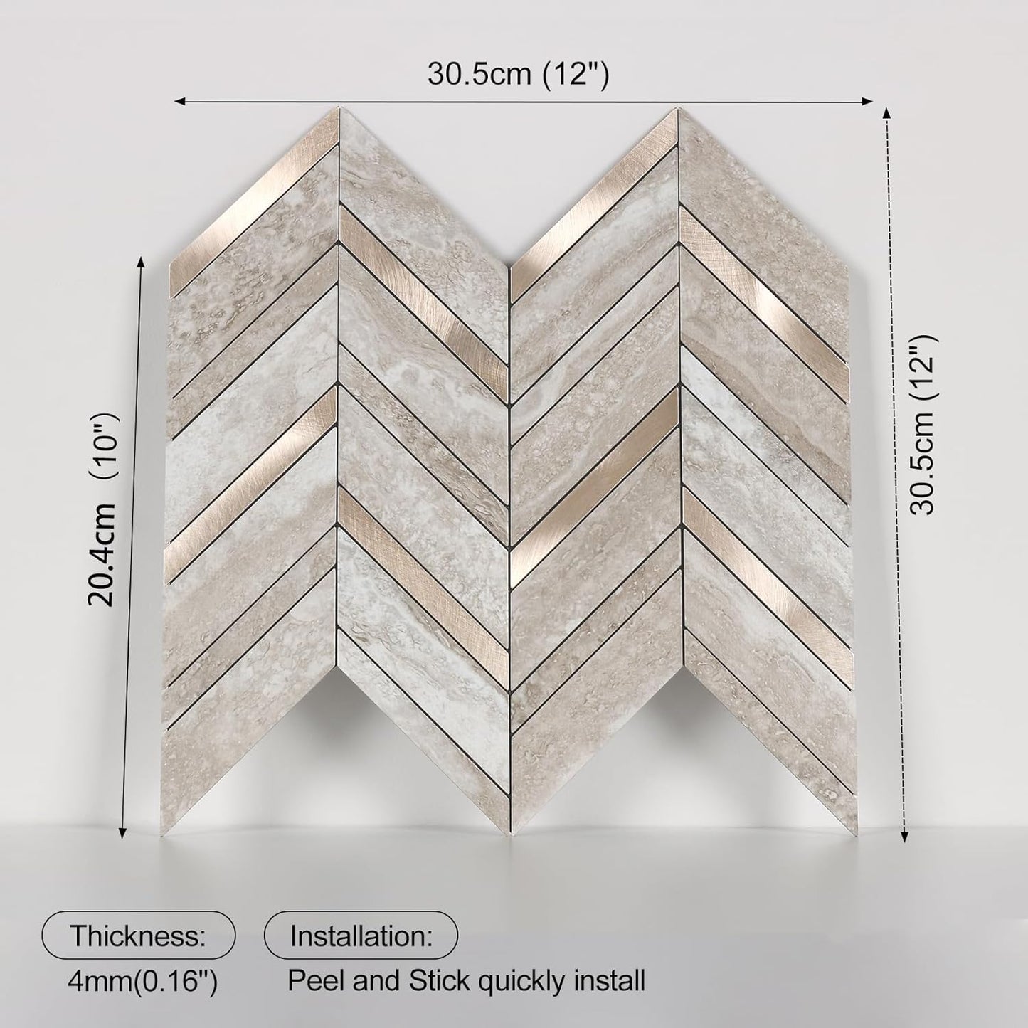 Yipscazo 10 Sheets Herringbone Backsplash Peel and Stick Tile, Marble Calacata Mixed Metal Gold PVC Stick on Backsplash for Kitchen, Waterproof Self Adhesive Wall Tile for Bathroom