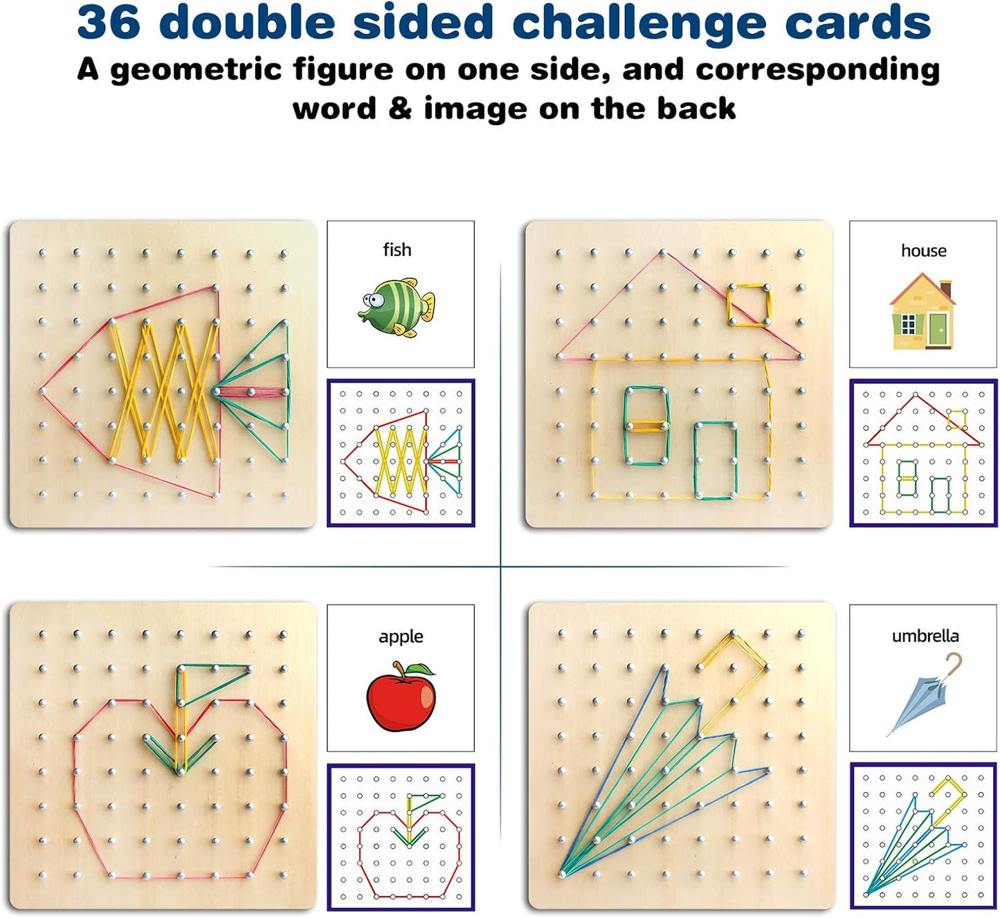 Thoth Montessori Wooden Geoboard Mathematical Manipulative Material Array Block Geo board with 36Pcs Pattern Cards and Rubber Bands Matrix 8x8 for Kids Graphical Educational Toys Early Development Toy