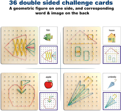 Thoth Montessori Wooden Geoboard Mathematical Manipulative Material Array Block Geo board with 36Pcs Pattern Cards and Rubber Bands Matrix 8x8 for Kids Graphical Educational Toys Early Development Toy