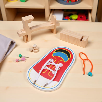 BWESOO Red Wooden Learn to Tie Your Own Shoes Threading Lacing Shoes Training Learning Kits Threading Lacing Training Board Learn To Tie Shoelaces