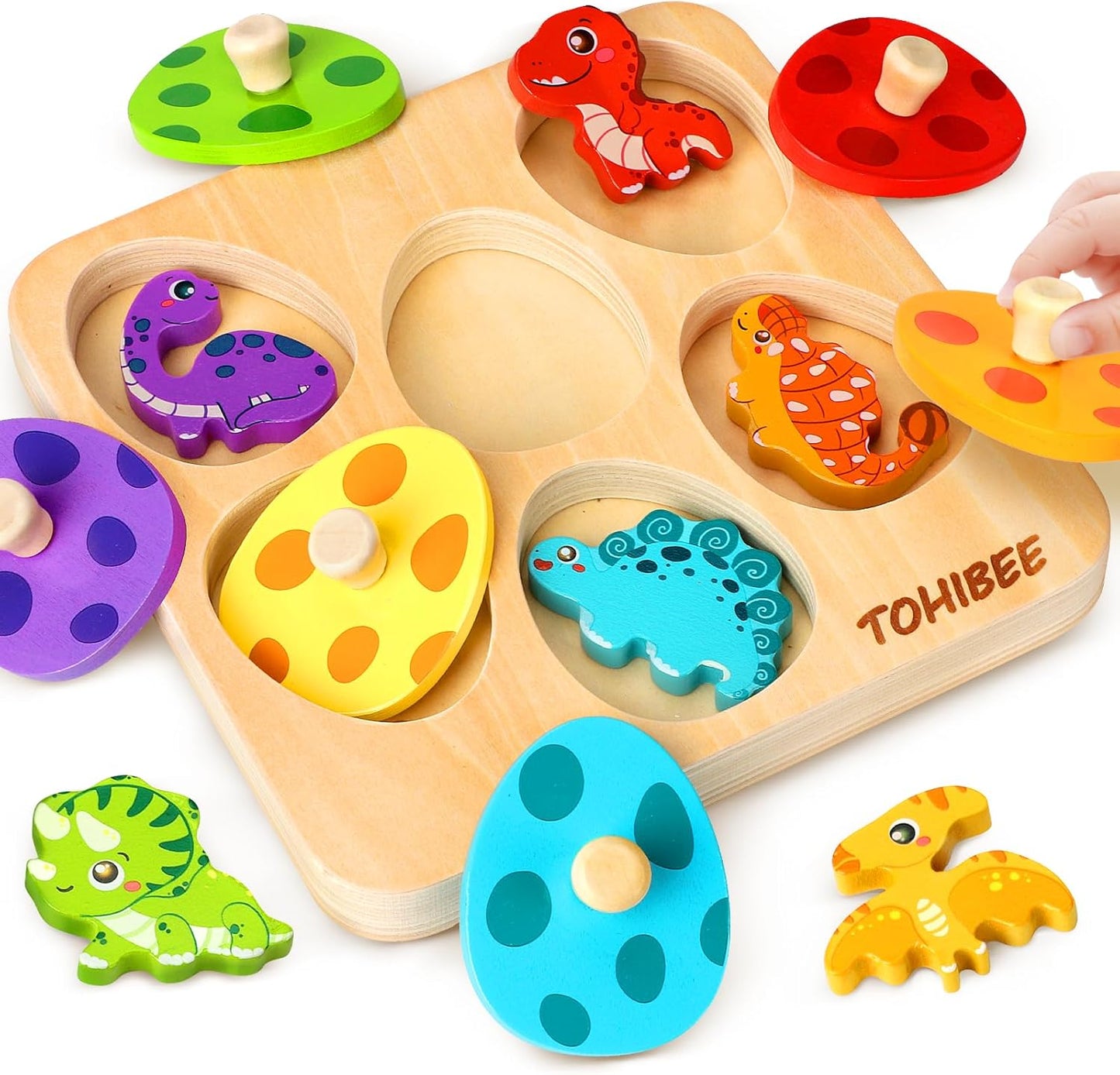 Easter Wooden Puzzles for Toddlers 1-3, Dinosaur Egg Sorting & Matching Peg Puzzle, Preschool Montessori Educational Toys for 1 2 3 Year Old Boys Girls, Easter Basket Stuffers Gifts Party Favors