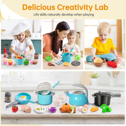 130Pcs Kitchen Playset, Toddler Pretend Cooking Play Pots, Pans, Utensils Cookware, Daily Food Fruit Veges, Shopping Storage Basket, Dessert, Prop Money, Learning Gift for Child (Pink)