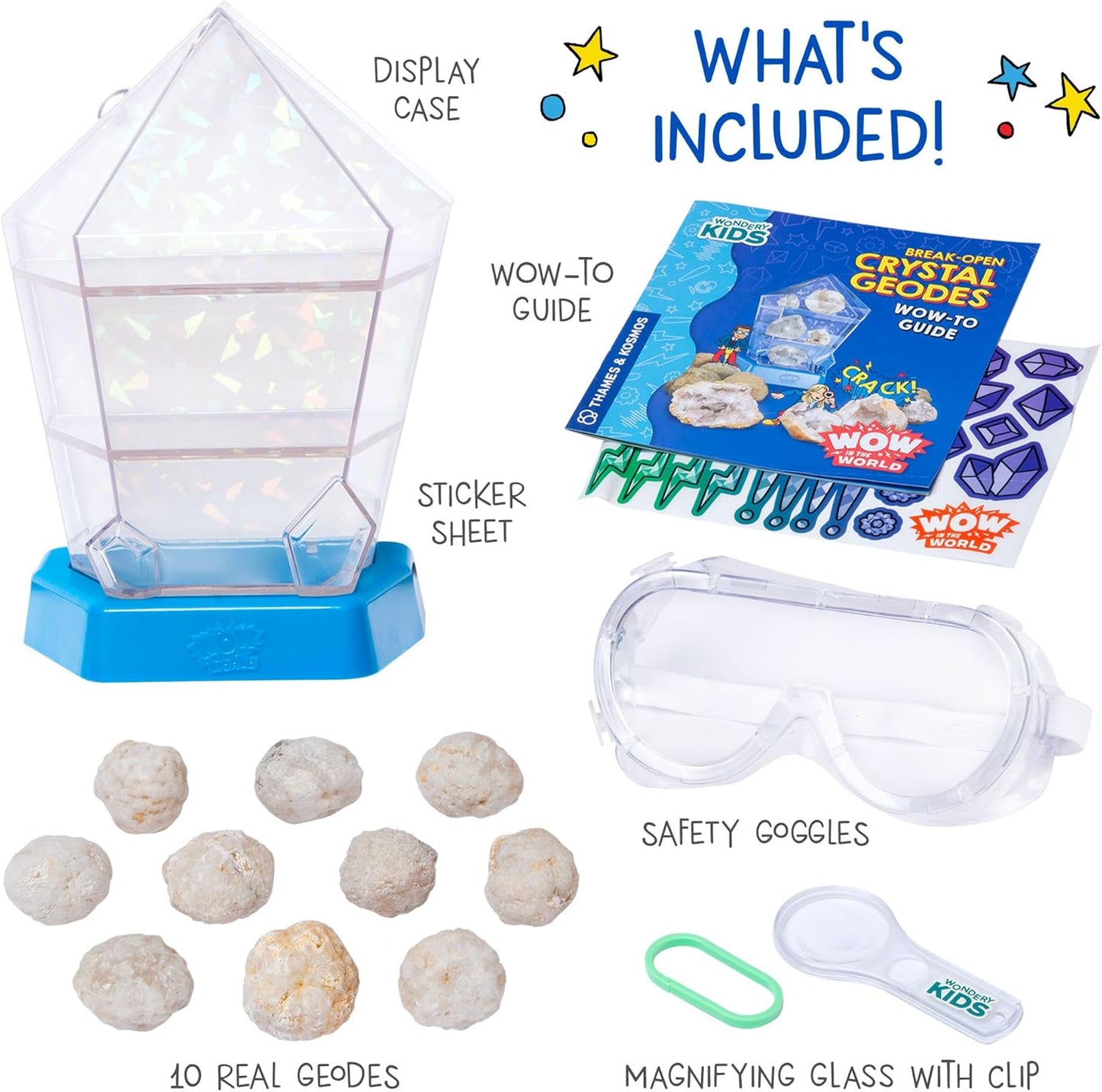 Wow in The World – 10 Real Break-Open Crystal Geodes with Display Case – Bonus Goggles & Magnifying Glass, Companion Audio Content, STEM Toy for Boys & Girls 6+ by Thames & Kosmos
