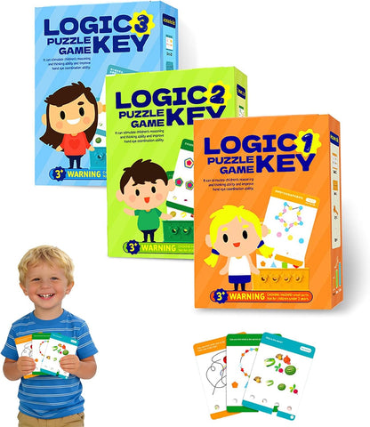 3 Levels Difficulty Toddler Preschool Educational Logic Key Toys, 64 Active Logic Flashcard Puzzles, for Kids with Card Base & Key,Logic Puzzle for Kids (3)