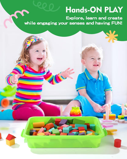 Sensory Bin Sand Tray with Lid for Toddlers 2 Pcs 15in Portable Sandbox Toy Large Plastic Tray for Kids 3 4 5 6 Fill with Sand, Water, Beads, and More (Green+Blue)