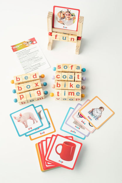 Montessori Reading Blocks & Flash Cards Set – Learn to Read CVC Word Games for Toddlers 2-4 – Short Vowel Spinning Rods, Phonics Toys, Reading Montessori Toys for 4 Year Old for Preschool & Homeschool