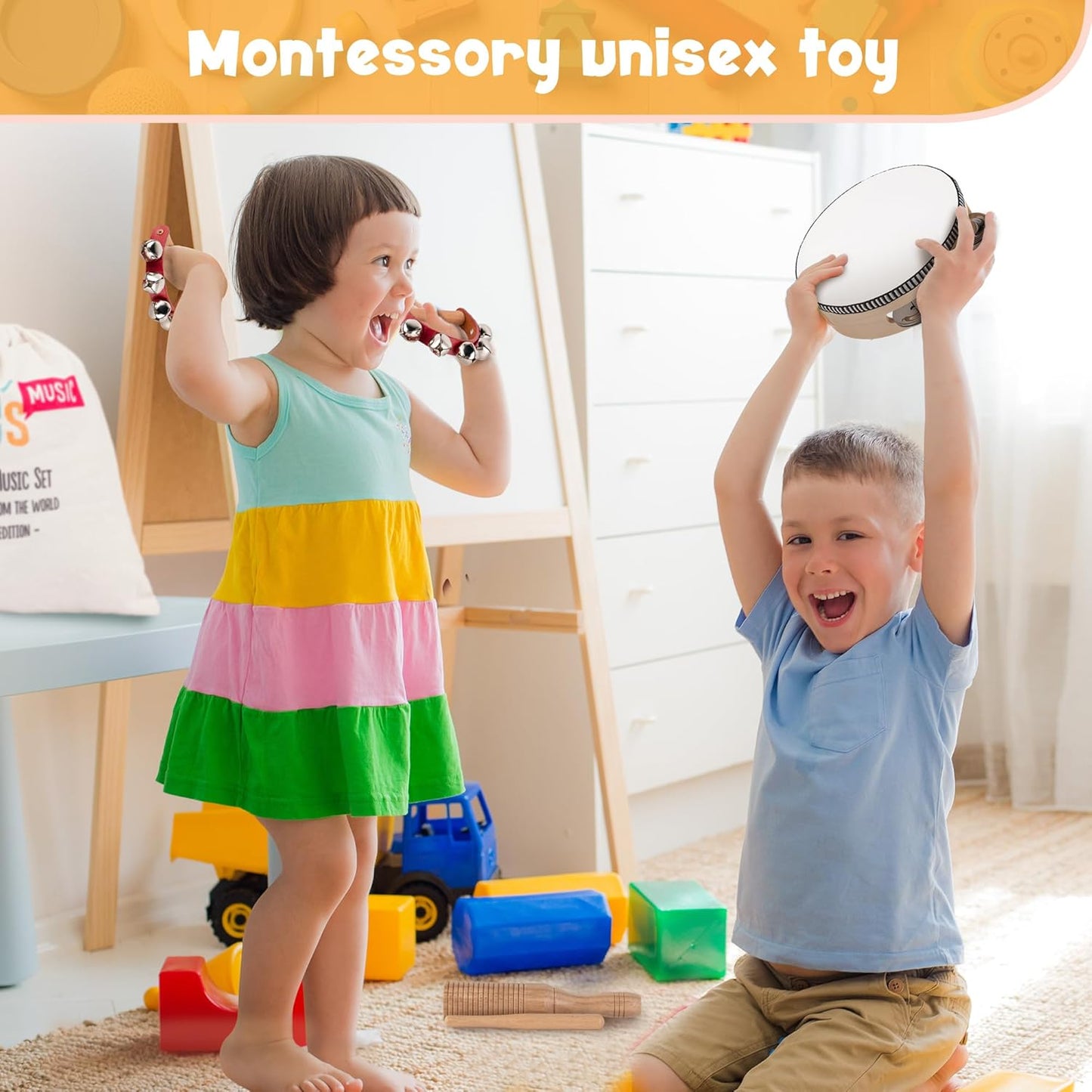Stoie's Wooden Toddler Musical Instruments with Drum, Hand Bells, Flute, Maracas, Castanet, Tamburine, for Babies and Kids, Eco Friendly Montessori Educational Toy