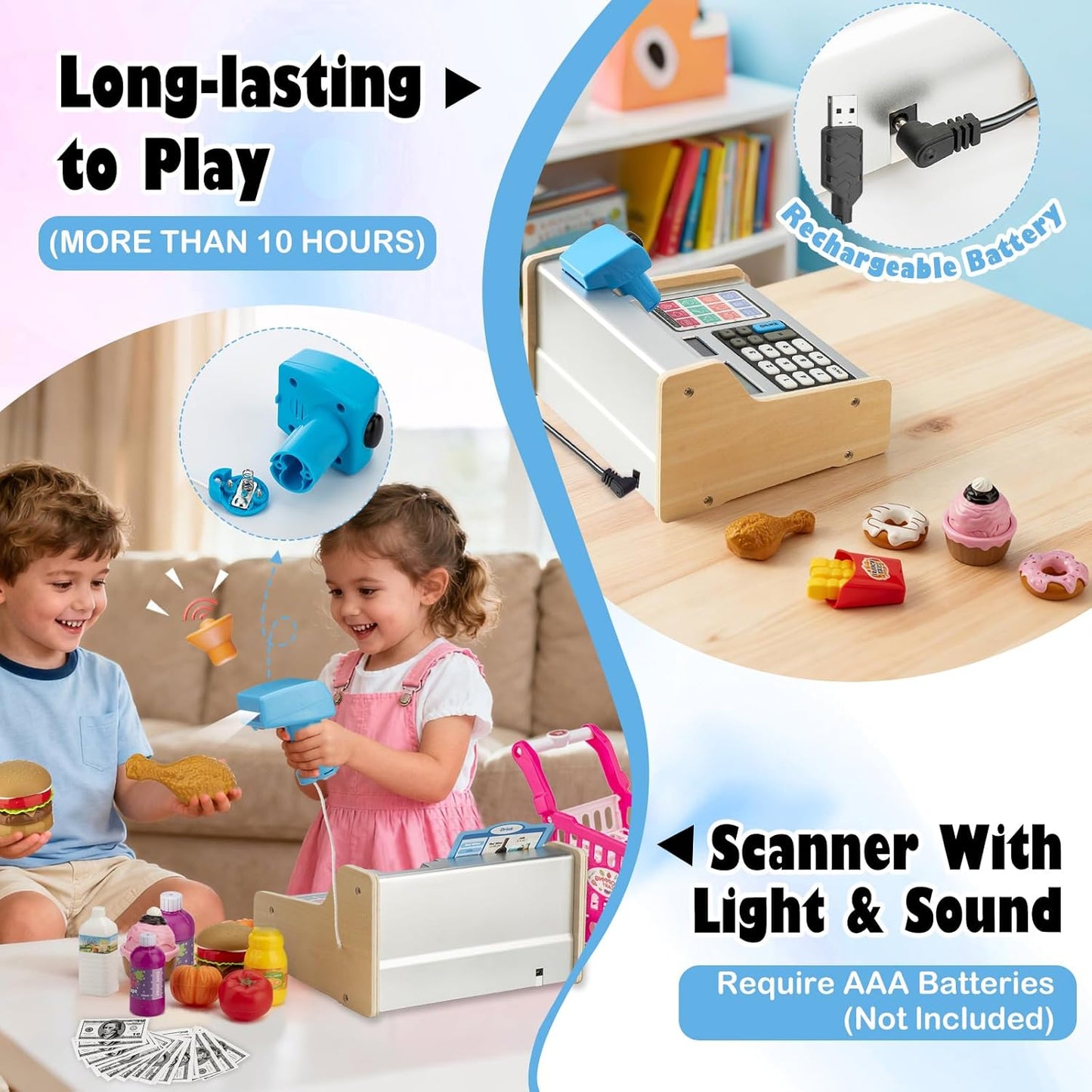 Wooden Cash Register for Kids with Shopping Cart Rechargeable Kid Cash Register with Scanner Gift for Kid Age 3 4 5 6 7 8 9 Year Old Pretend Play for Toddlers Toys for 3-12 Year Old Kids