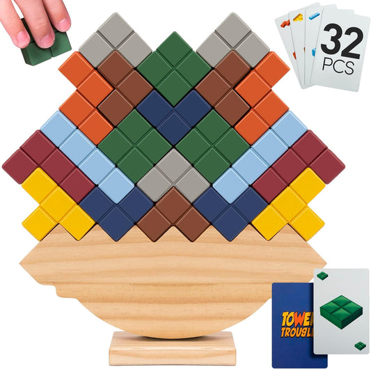 Tower Stack Game - 32PCS Wooden Balance Game with Building Blocks & Cards - Durable Tetra Tower Stacking for Kids & Adults - Fun 1+ Player Balance Stacking Games.