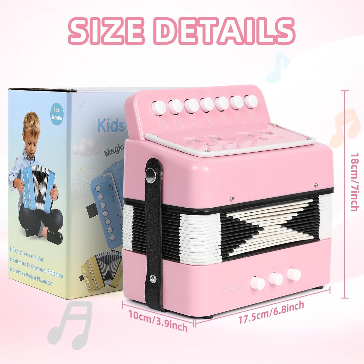10 Keys Kids Accordion, Horse Button Accordion Toys Accordian Mini Musical Instruments Button for Child Children Kids Toddlers Beginners (Light Pink)