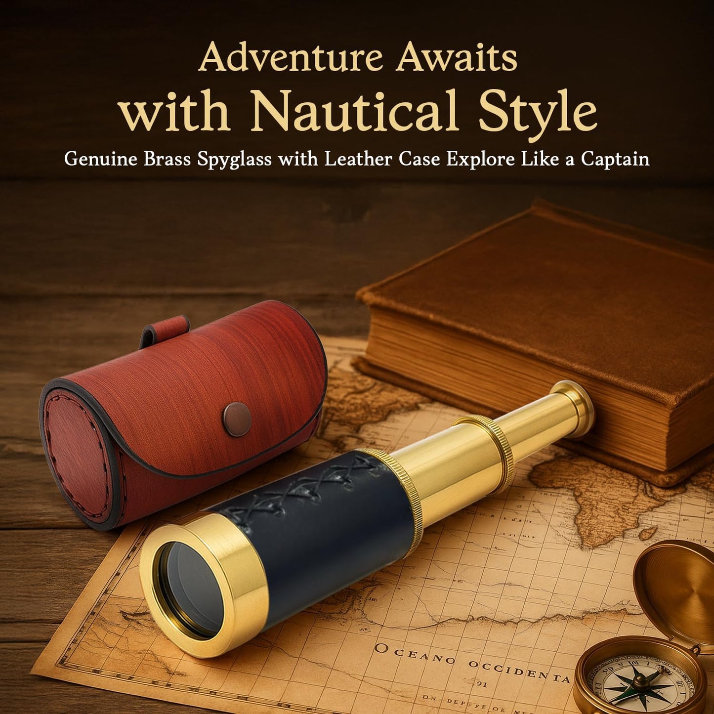 NauticalMart Brass Spyglass Telescope with Leather Case - 6 Inch Handheld Pirate Navigation Telescope for Young and Adults, Perfect Nautical Collectible and Gift for Adventure Seekers
