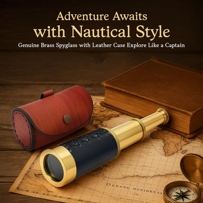 NauticalMart Brass Spyglass Telescope with Leather Case - 6 Inch Handheld Pirate Navigation Telescope for Young and Adults, Perfect Nautical Collectible and Gift for Adventure Seekers