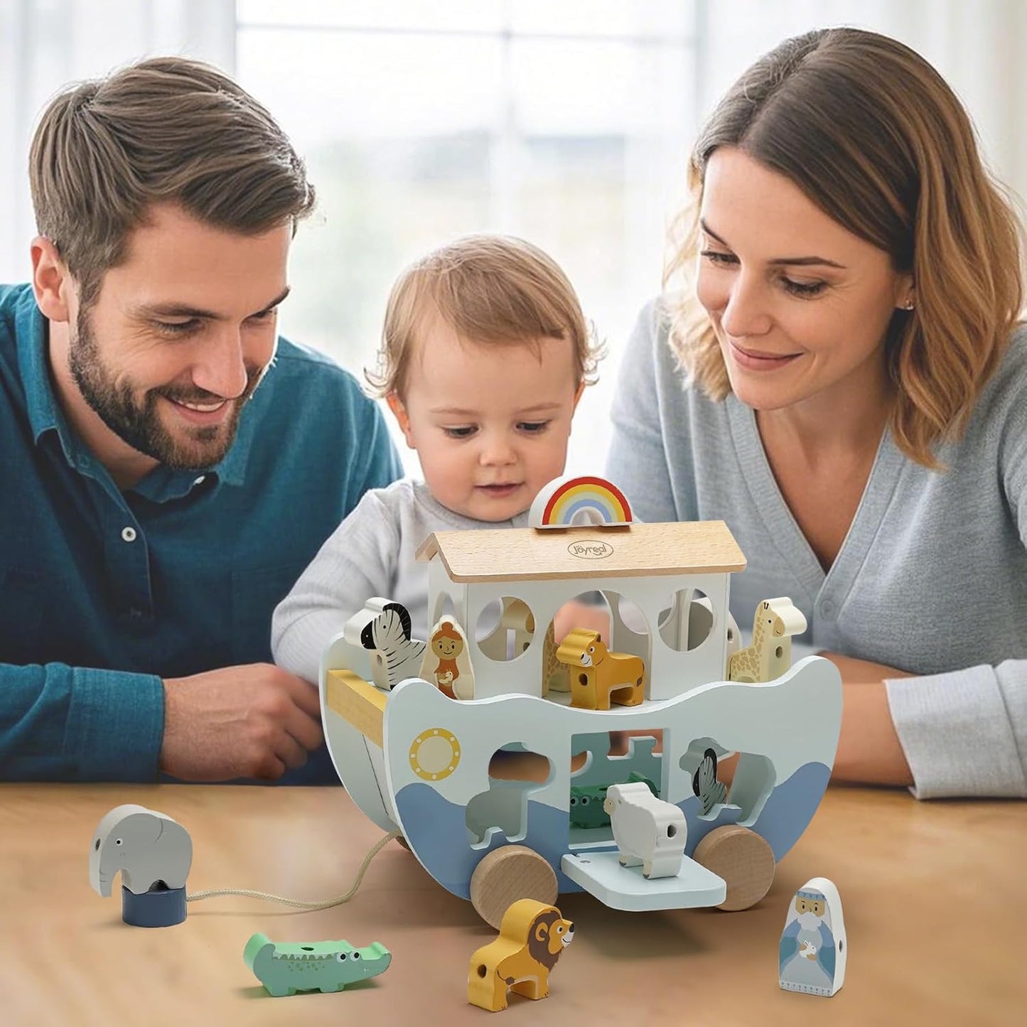 Joyreal Pink Wooden Noah's Ark Toy for 1 Year Old Baby Girl Baptism Gift - Montessori Educational Toy with Animal Shape Sorter - Christian Toys for Toddler Boy 1-3 Years Old Christmas Birthday Gift