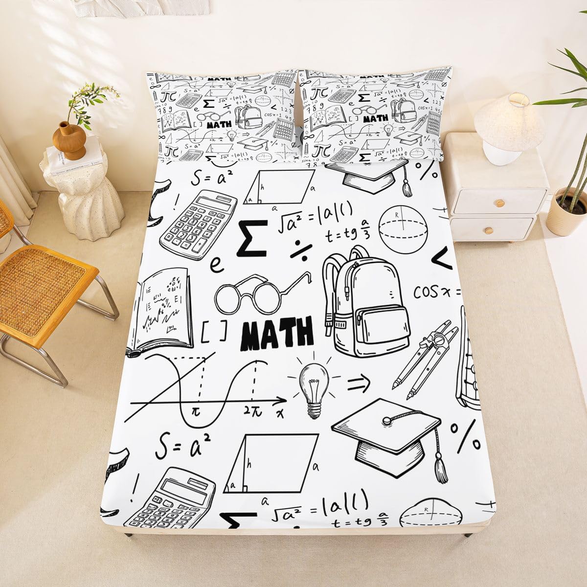 Erosebridal Chemistry Lab Fitted Sheet Twin Size Chemical Equation Bed Sheets for Boys Girls Chemical Elements Science Theme Bed Set Teens Kids Science Students Bedding Set School Dorm Room Decor