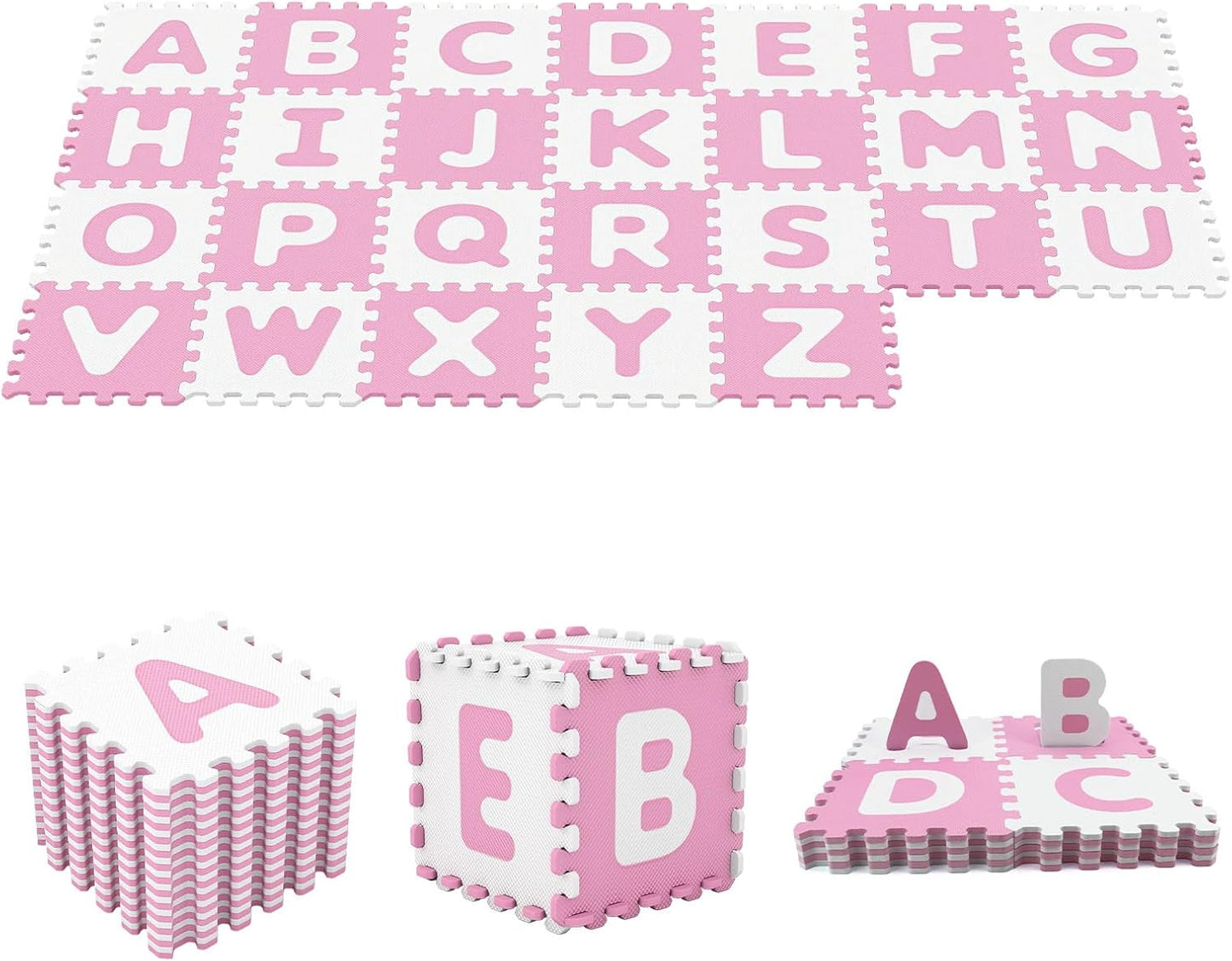 HONEY JOY Foam Floor Tiles for Kids, 12.5” x 12.5” EVA 26-Piece Interlocking Alphabet Puzzle Play Mat, Non-Slip Large Soft Carpet Rug, Easy to Clean, for Baby Crawling Exercise, Playroom (Pink)
