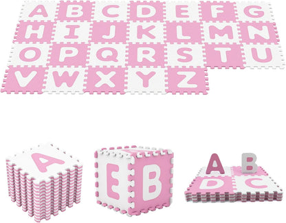 HONEY JOY Foam Floor Tiles for Kids, 12.5” x 12.5” EVA 26-Piece Interlocking Alphabet Puzzle Play Mat, Non-Slip Large Soft Carpet Rug, Easy to Clean, for Baby Crawling Exercise, Playroom (Pink)