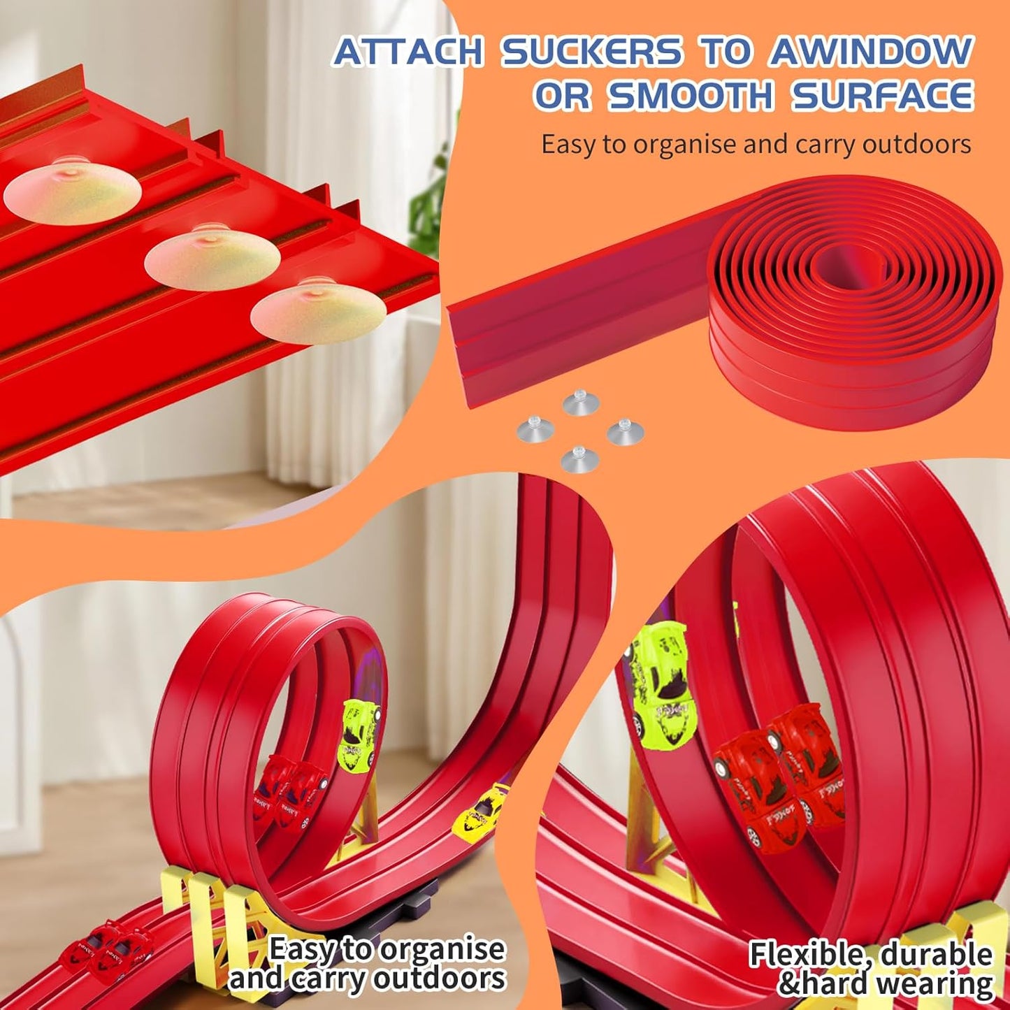 16.5ft Build Anywhere Portable Race Track with Suction Cups - Flexible Roll-Up Design Fits 1/64 Scale Cars, Portable Toy Gift for Kids 4+ Year Old (3 Tracks/Red)