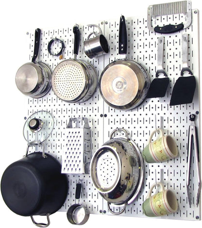 Wall Control Kitchen Pegboard Organizer Pots and Pans Storage Rack Organization Kit with Green Pegboard and White Accessories