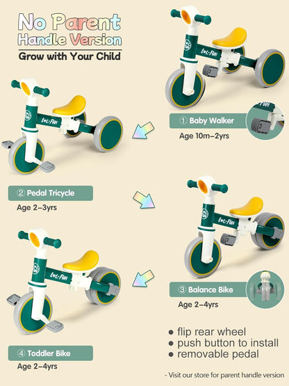 LOL-FUN Tricycle for Toddlers 1-3 Years Old Boys Girls Toy, 4 in 1 Baby Balance Bike for 1 2 Year Old Gift, Kids Bicycle with Easy Assembly Removable Pedal