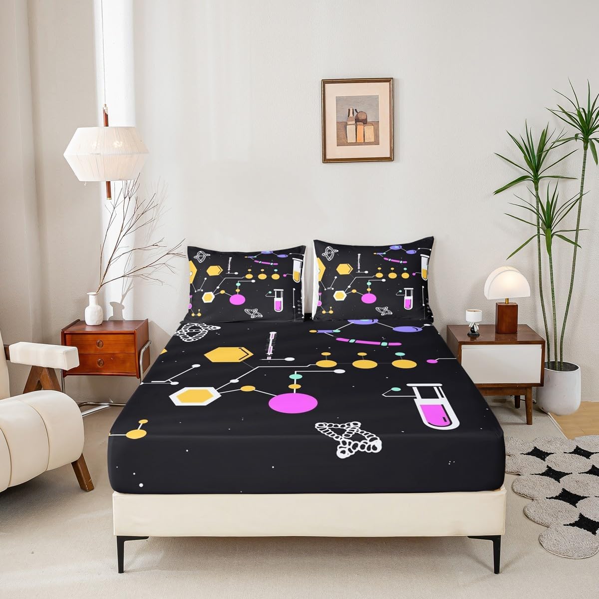 Chemistry Bed Sheets for Kids Teens Girls Boys,Chemical Experiment Fitted Sheet Twin,Science Themed Sheets for Math Lovers,Chemistry Lab Bedding Set,White and Black