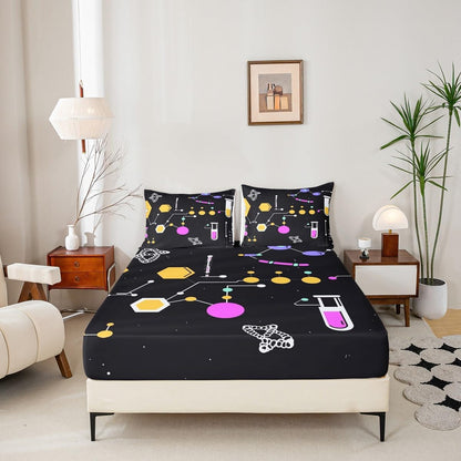Chemistry Bed Sheets for Kids Teens Girls Boys,Chemical Experiment Fitted Sheet Twin,Science Themed Sheets for Math Lovers,Chemistry Lab Bedding Set,White and Black