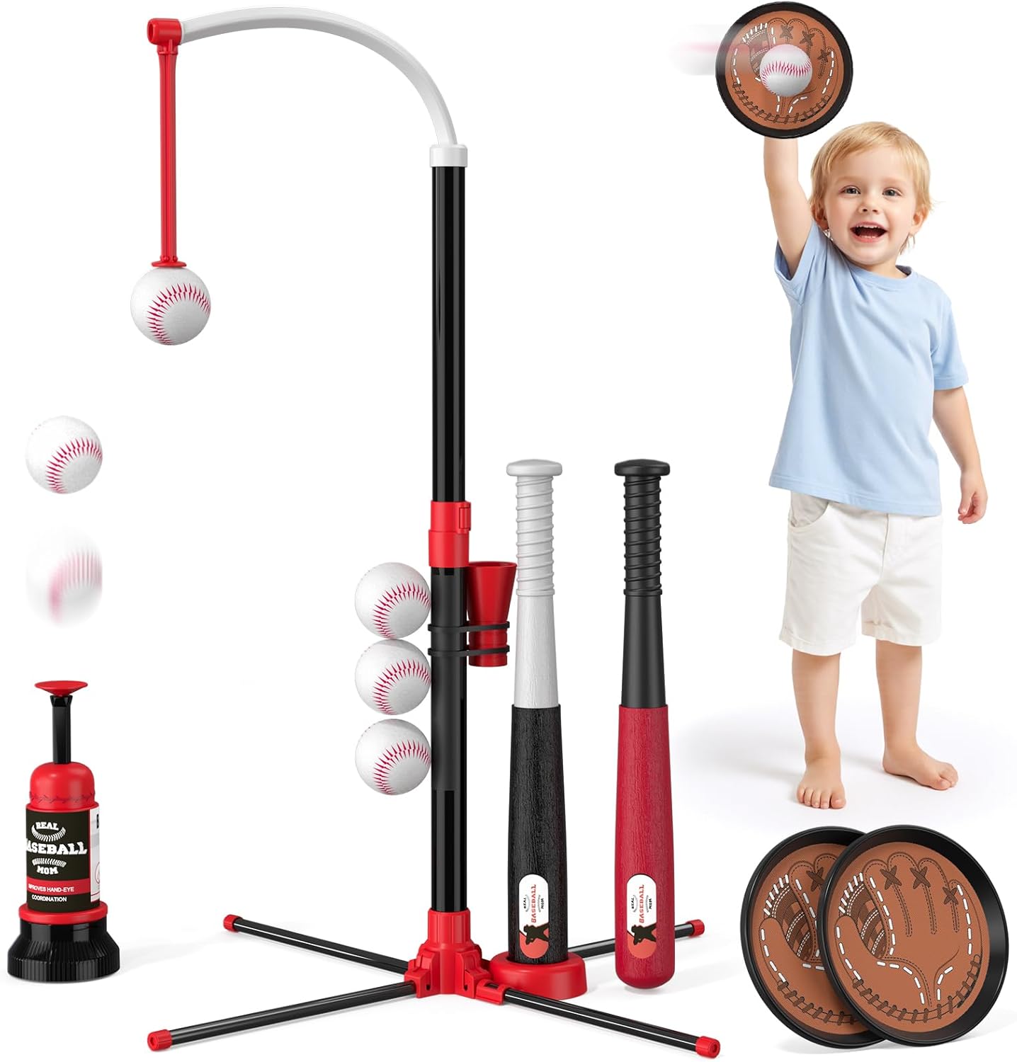 Wee Wonders 4 in 1 T-Ball Sets for Kids 3-5 with Toss and Catch Ball, Toddler Baseball with Auto Pitching Machine/6 Balls, Outdoor Sport Toys Gifts for Boys Girls