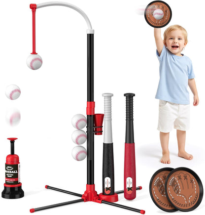 Wee Wonders 4 in 1 T-Ball Sets for Kids 3-5 with Toss and Catch Ball, Toddler Baseball with Auto Pitching Machine/6 Balls, Outdoor Sport Toys Gifts for Boys Girls