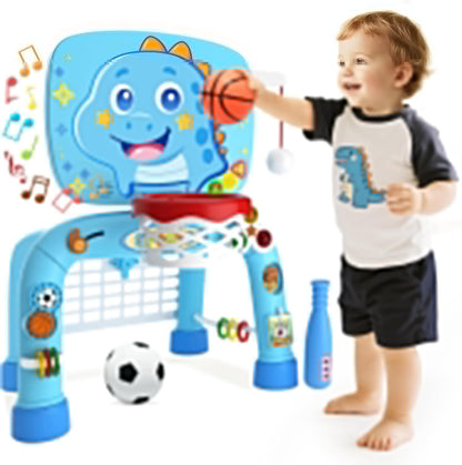 Toys for 1 Year Old Boy - Toddler Basketball Hoop & Soccer Goal & Baseball Activity Center with Light Sound Music, Puppy Montessori Sports Toy, Christmas Birthday Gift for Baby 12-18 Months, Yellow