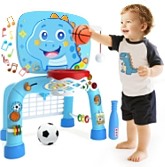 Toys for 1 Year Old Boy - Toddler Basketball Hoop & Soccer Goal & Baseball Activity Center with Light Sound Music, Puppy Montessori Sports Toy, Christmas Birthday Gift for Baby 12-18 Months, Yellow