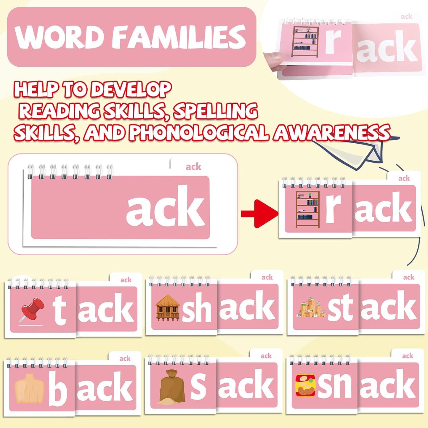gisgfim 48 Word Family Build Book Read and Rhyme Flip Activity Book ABC Vocabulary Flash Cards Kindergarten Sight Word Learning Activities Learn to Read Games for Kids Homeschool Supplies(Cartoon)